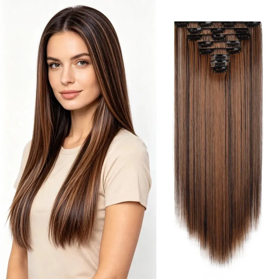 24 Inch 8Pcs Clip in Hair Extensions Long Straight Hair Extensions Soft Synthetic Hairpieces for Women Daily Fashion Hairstyle