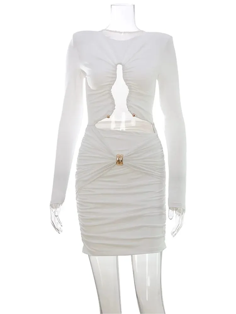 Jednolite sukienki dla kobiet moda seksowny klub z długimi rękawami drążą O-Neck chusta na biodra płaszcza Mini Vestidos szaty kobiece Streetwear