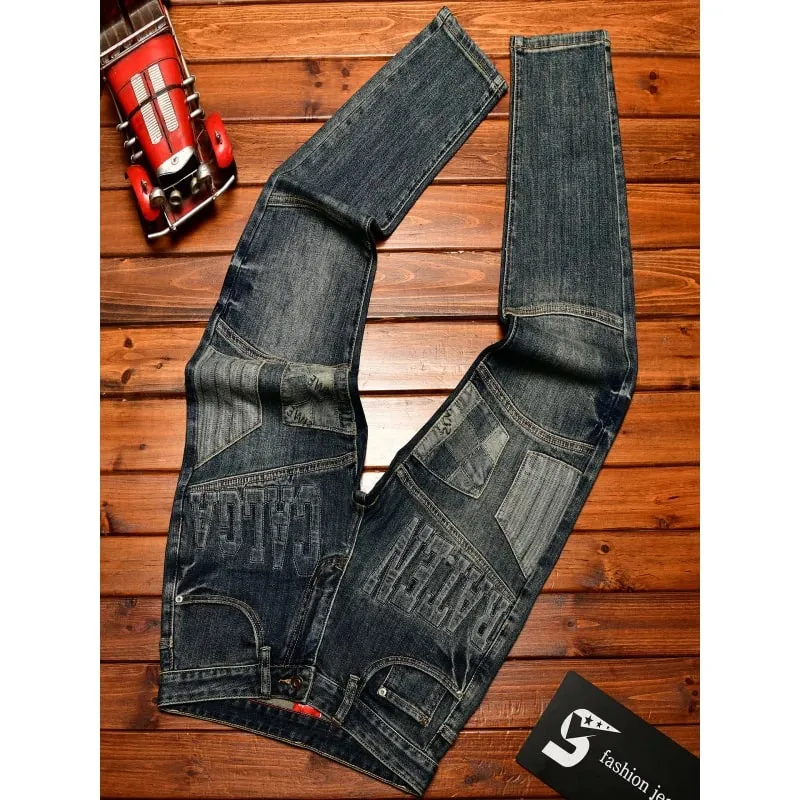 High end retro jeans for men slim fit small feet light luxury trend autumn style simple and casual long pants