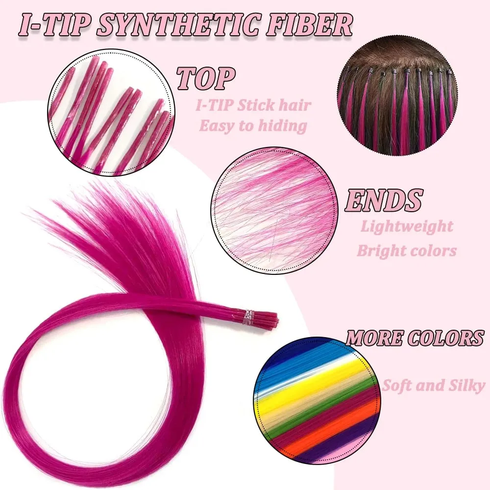 20 Strands Synthetic I-Tip Fusion Hair Extensions Party Colors 16" Straight Heat Resistant Highlight Feather Hairpieces Festival
