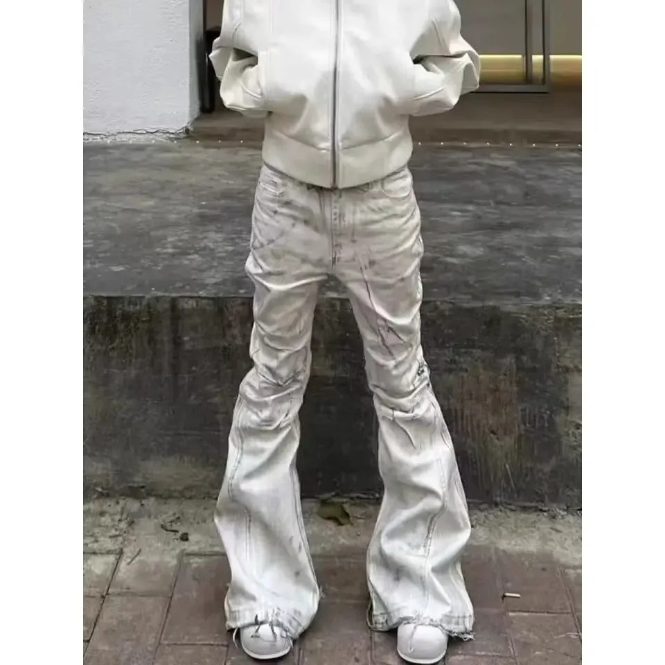 Women American Retro Y2K Flare Jeans White Washed Patchwork Y2K Vintage Hrajuku Punk High Waist Slim Streetwear Denim Pants
