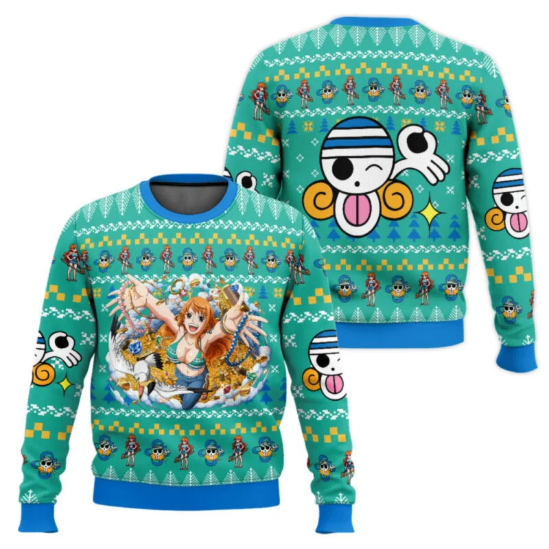 New sweater, Japanese anime, Luffy, Robin, Bandai, One Piece, 3D hoodie, Christmas sweatshirt, men's round-neck T-shirt