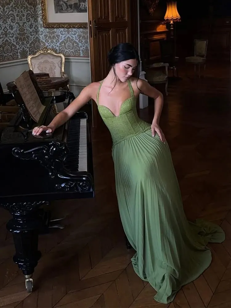 Green Chic Corset Halter Long Dress Women Solid Backless Off Shoulder Pleated Patchwork Slim Dresses 2026 Lady Party Gown New