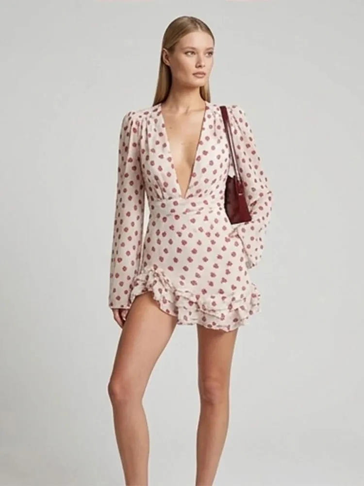 Sweet Rose Print Ruffle Mini Dress Deep V Neck Long Puff Sleeve Ruched Waist Dresses Spring Sweet Café Meetup Vestido 2026