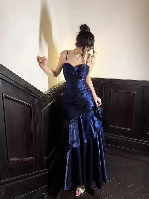 Blue Mermaid Style Birthday Dress with Lace Trim Strapless Gown Adult Ceremony Dress Long Ankle Length V-neckline No-sleeve