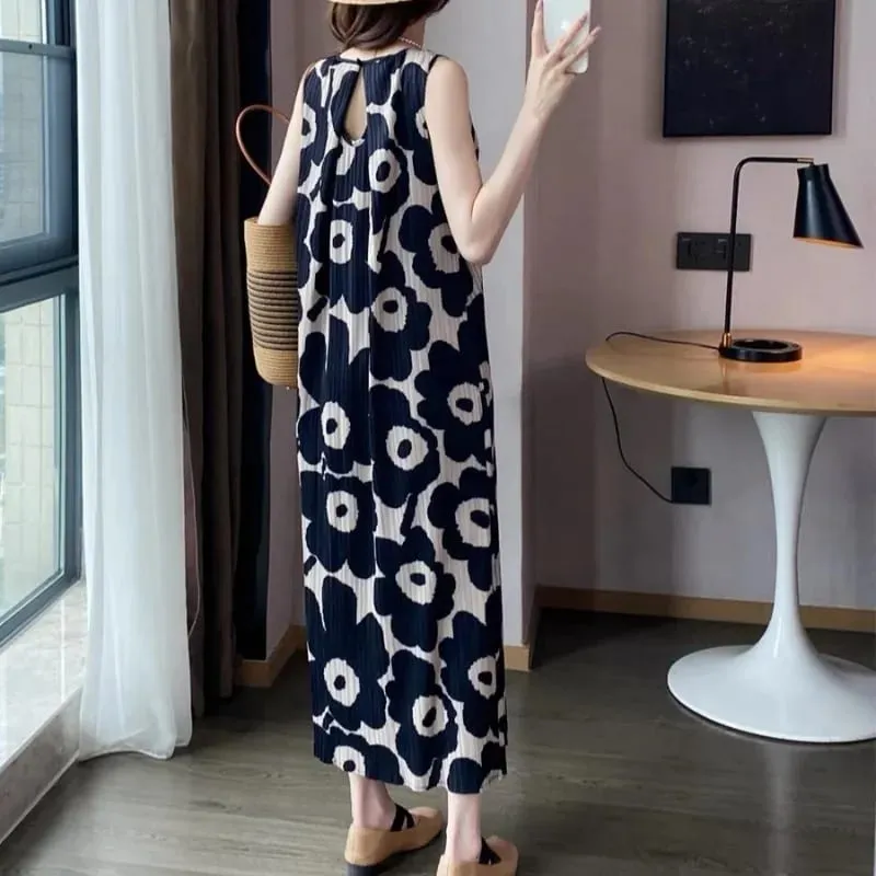 Miyake Pleated Sleeveless Dresses Plisse 2026 Summer New Loose Plus Size Fashion Casual Slimming Pleats Fold Printed Long Dress — image 4