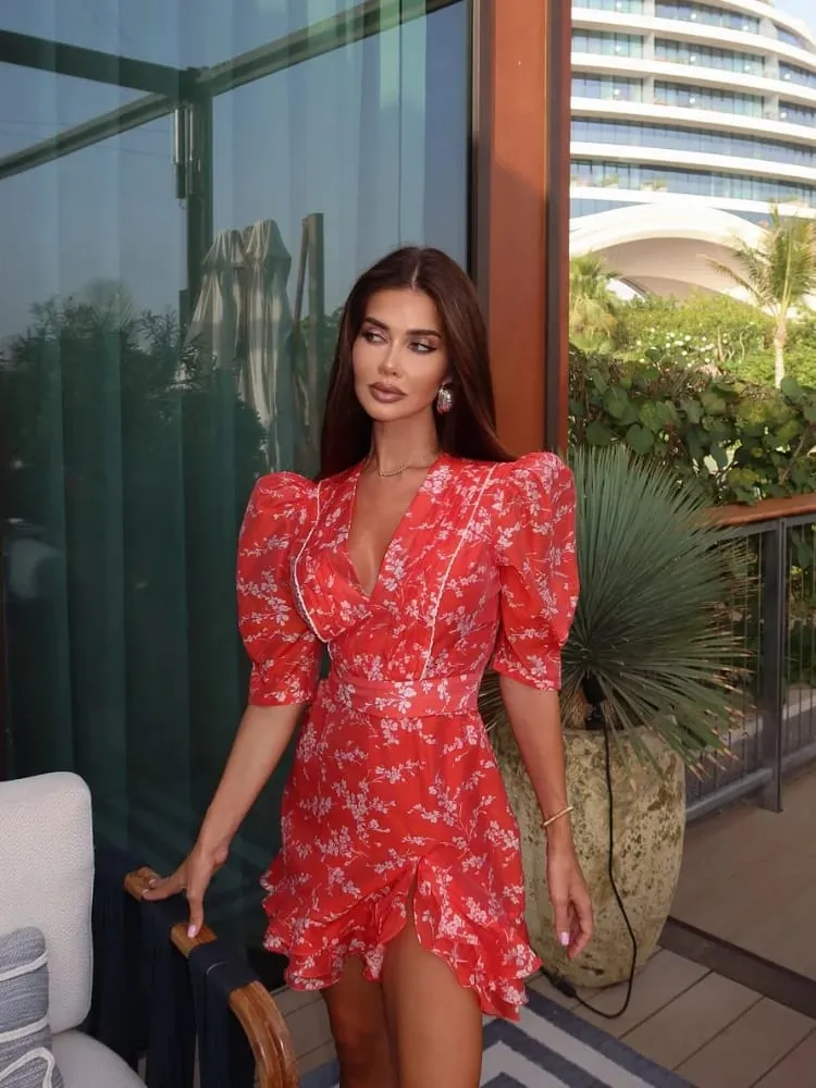 Women Red Floral Printed V-neck Short Sleeved Dress Puff Sleeve Waist Trim Ruffle Slit Hem Mini Dresses 2026 Summer Party Gowns