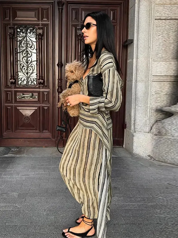 Casual Stripe Maxi Dresses Women Loose Full Sleeves Deep V-neck Ankle-length Dress 2026 New Ladies Summer Vacation Beach Outfit