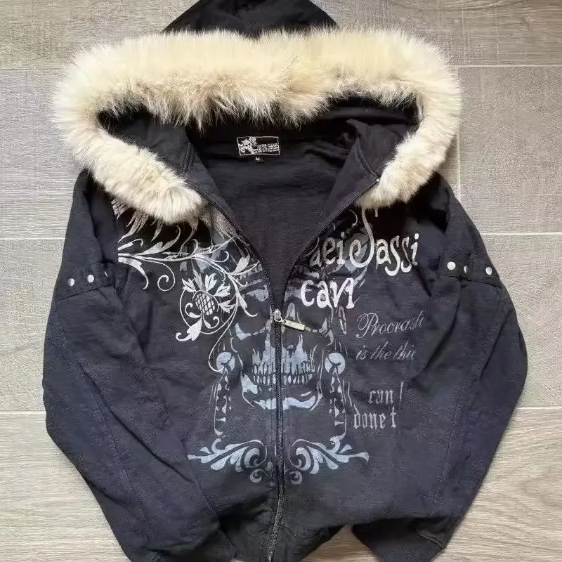 American Retro Rock Gothic Graphic Fur Collar Loose Zipper Sweatshirt Men's Y2K New Harajuku Punk Casual Joker Hoodie Streetwear