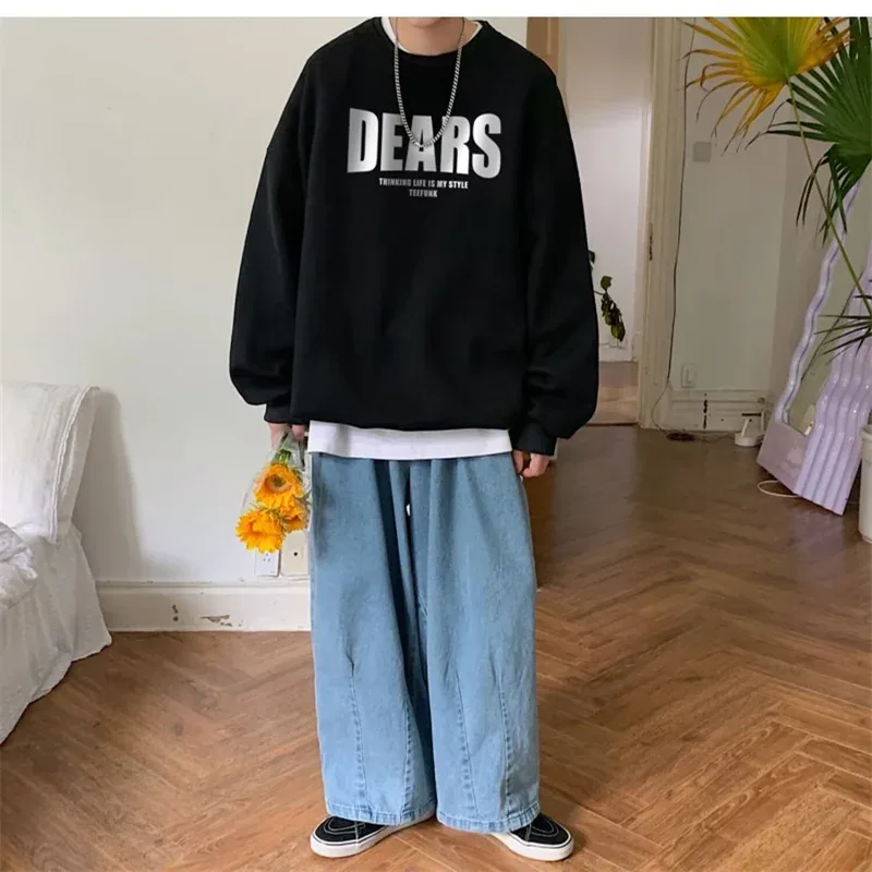 Autumn Men's High Street Letter Print O-Neck Hoodies 2026 Casual Fashion Graphic Long Sleeve Tops Y2K Youthful Basic Sweatshirts