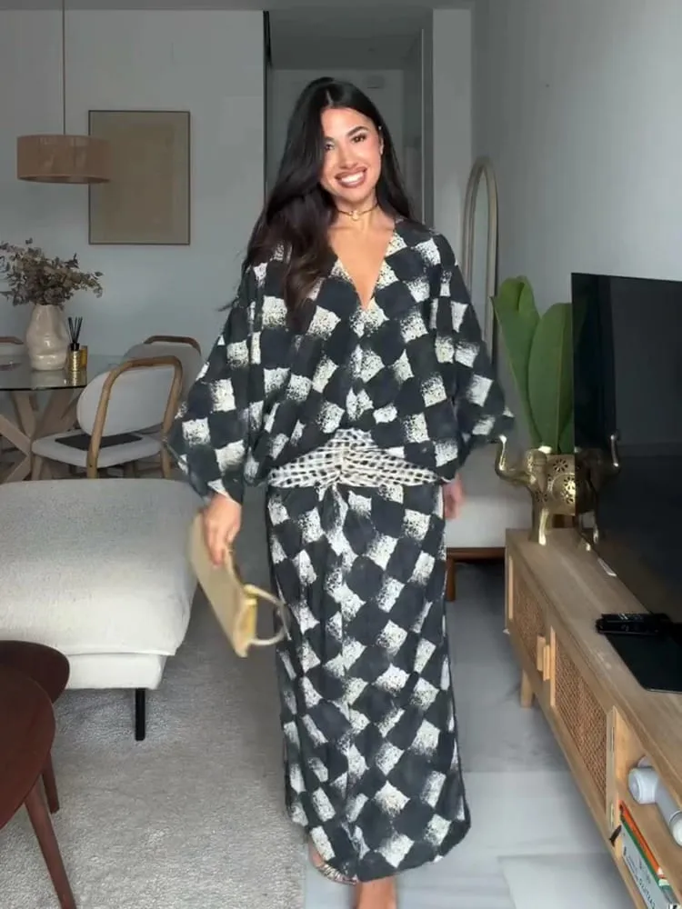 V-Ausschnitt, lockere Taille, gerafftes langes Kleid, Kontrastfarben, kurze Ärmel, plissiert, Maxikleider, schickes Urlaubskleid für Damen