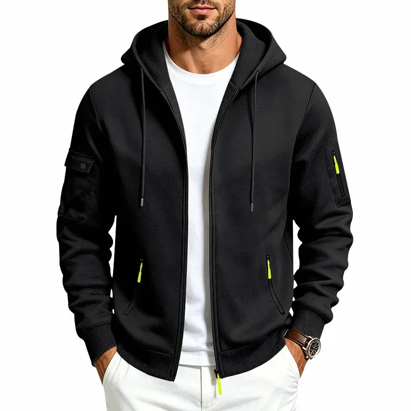 Men's Heavyweight Full Zip Hoodie Autumn Winter Casual Outdoor Hooded Sweatshirt Multi‑Pocket Drawstring Loose Fit Sports Jacket