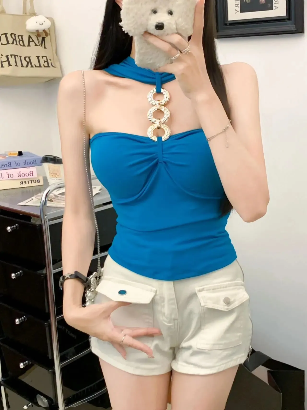 Fashion Sexy One Piece With Chest Pad Slim Versatile Camis Women's 2026 Summer New Chain Halter Tank Top