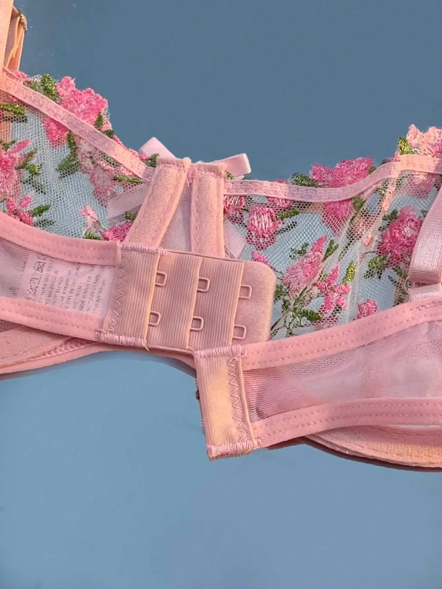 New Pink Transparent Bra Women Lingerie Set Ladies Embroidery Floral Bras Underwear Sets — image 5