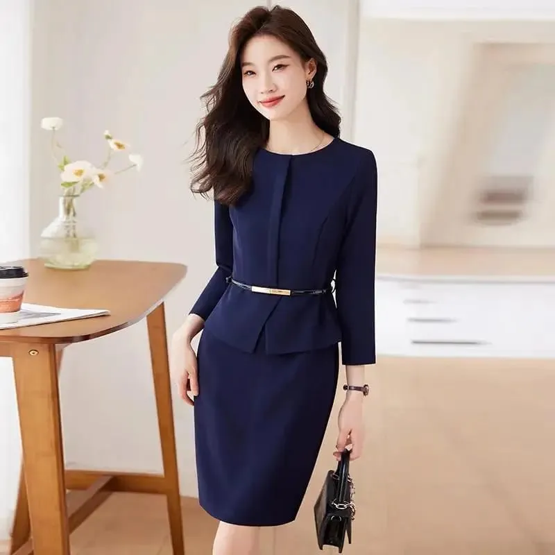Elegant Spring Autumn Women Dress With Belt New Professional Navy Blue Formal Long Sleeve Slim Temperament Office Ladies Dresses