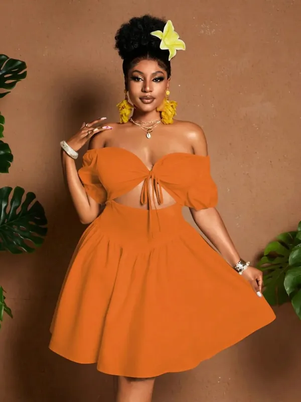 Plus Size Women One-Shoulder Waist-Tie Bubble Sleeve Dress Summer Vacation Style Casual Short Dress Plain Pattern