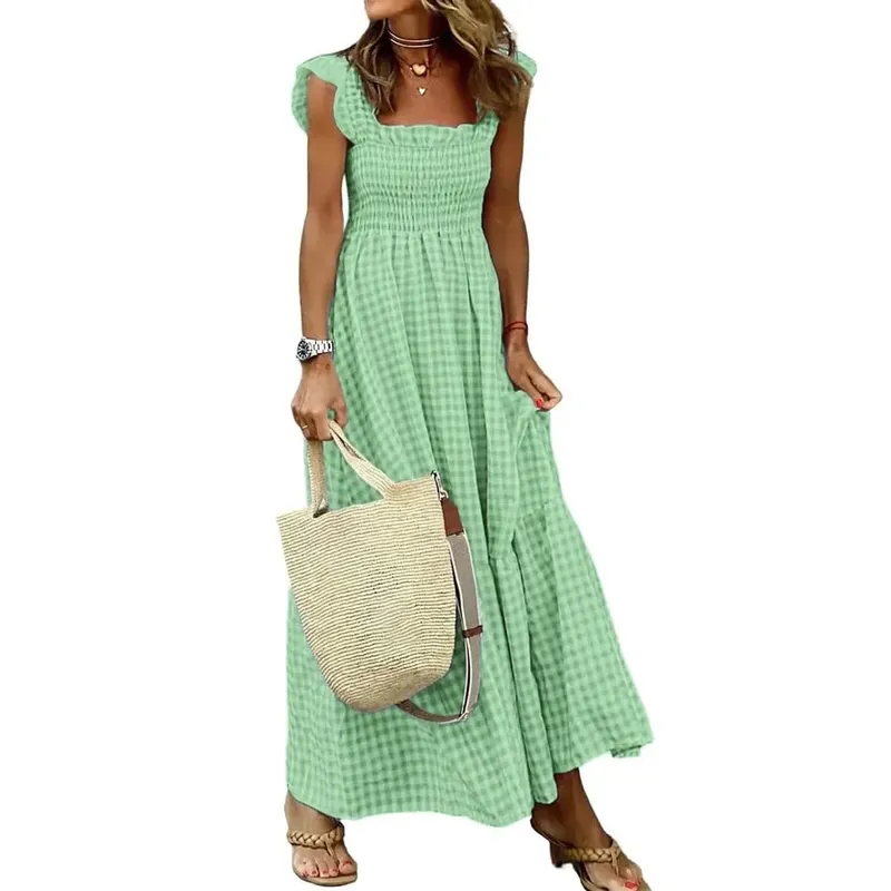 Elegant Plaid Slip Maxi Long Dress Summer Women Strapless Ruffle Backless Pleated Elastic Waist Boho Party Swing Loose Dresses