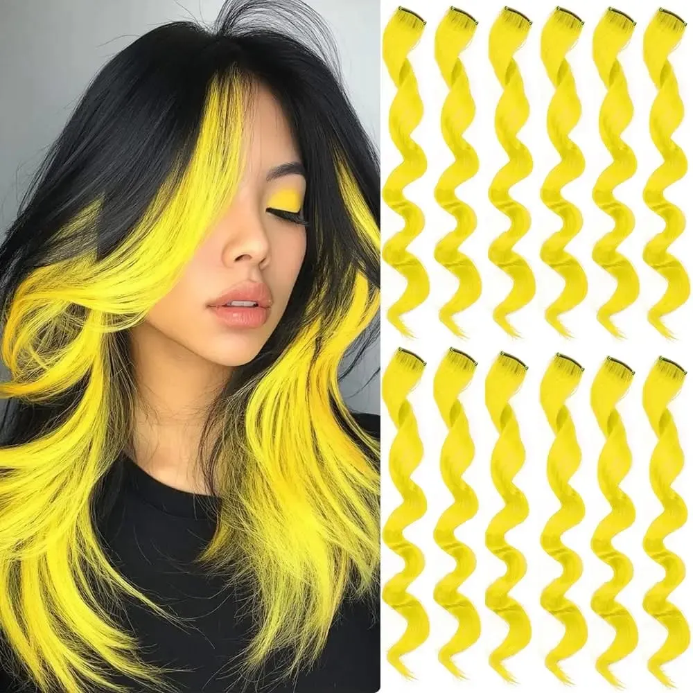 6 Pcs Black Hair Extensions 22 Inch Curly Wavy Colored Hair Colorful Clip in Extensions Highlight Party for Kids Girls Synthetic