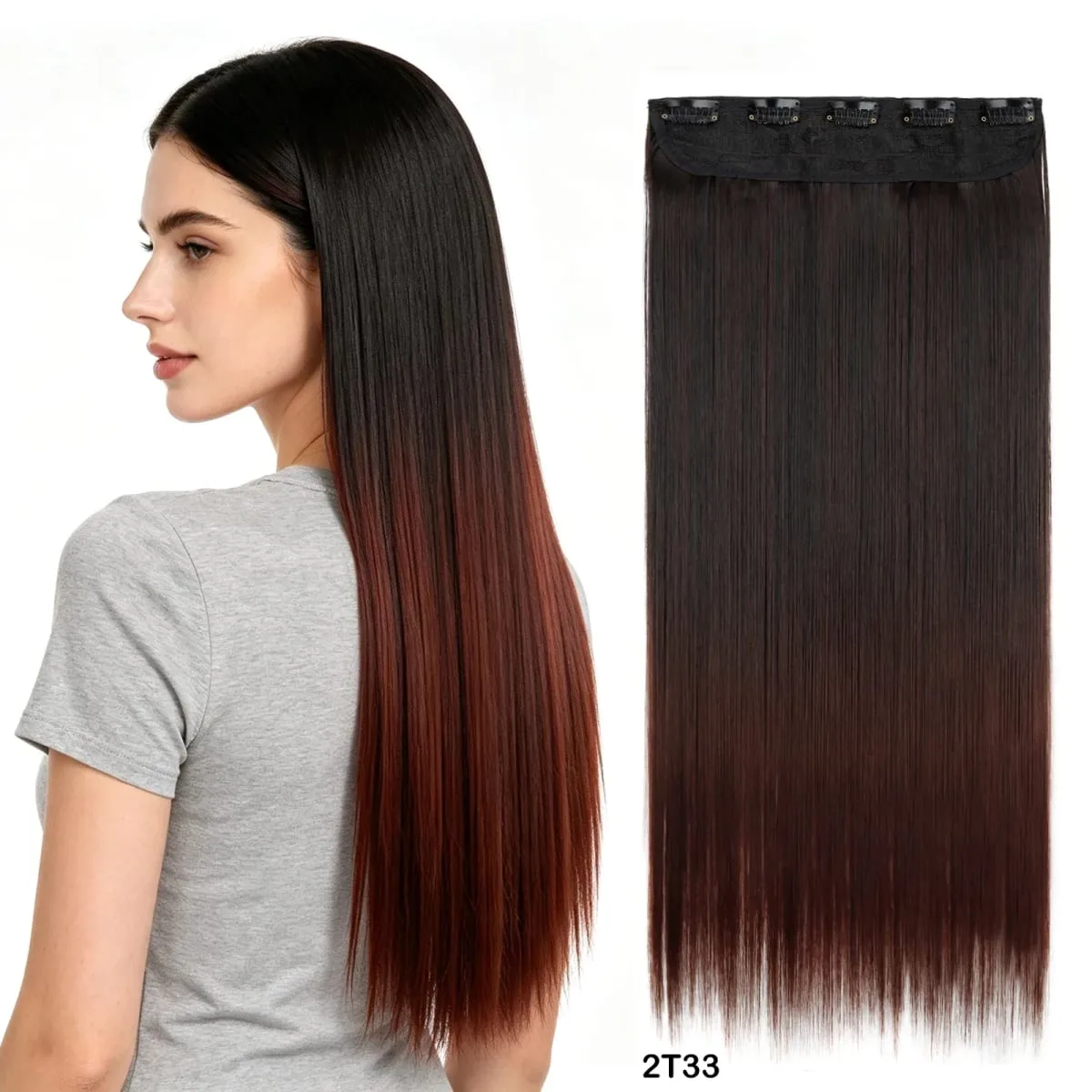 Women Ombre Straight Clip In Hair Extensions 5 Clips One Piece 60cm Heat Resistant Synthetic Hairpiece Multiple Gradient Colors