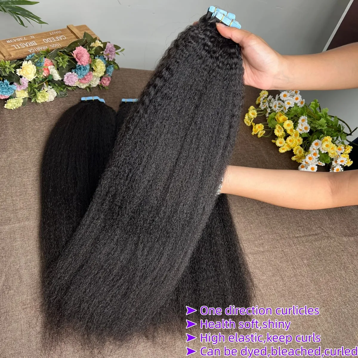 Tape In Kinky Straight Human Hair Extensions Brazilian Hair Adhesive Extensions Skin Weft Black 100% Human Hair 100grams