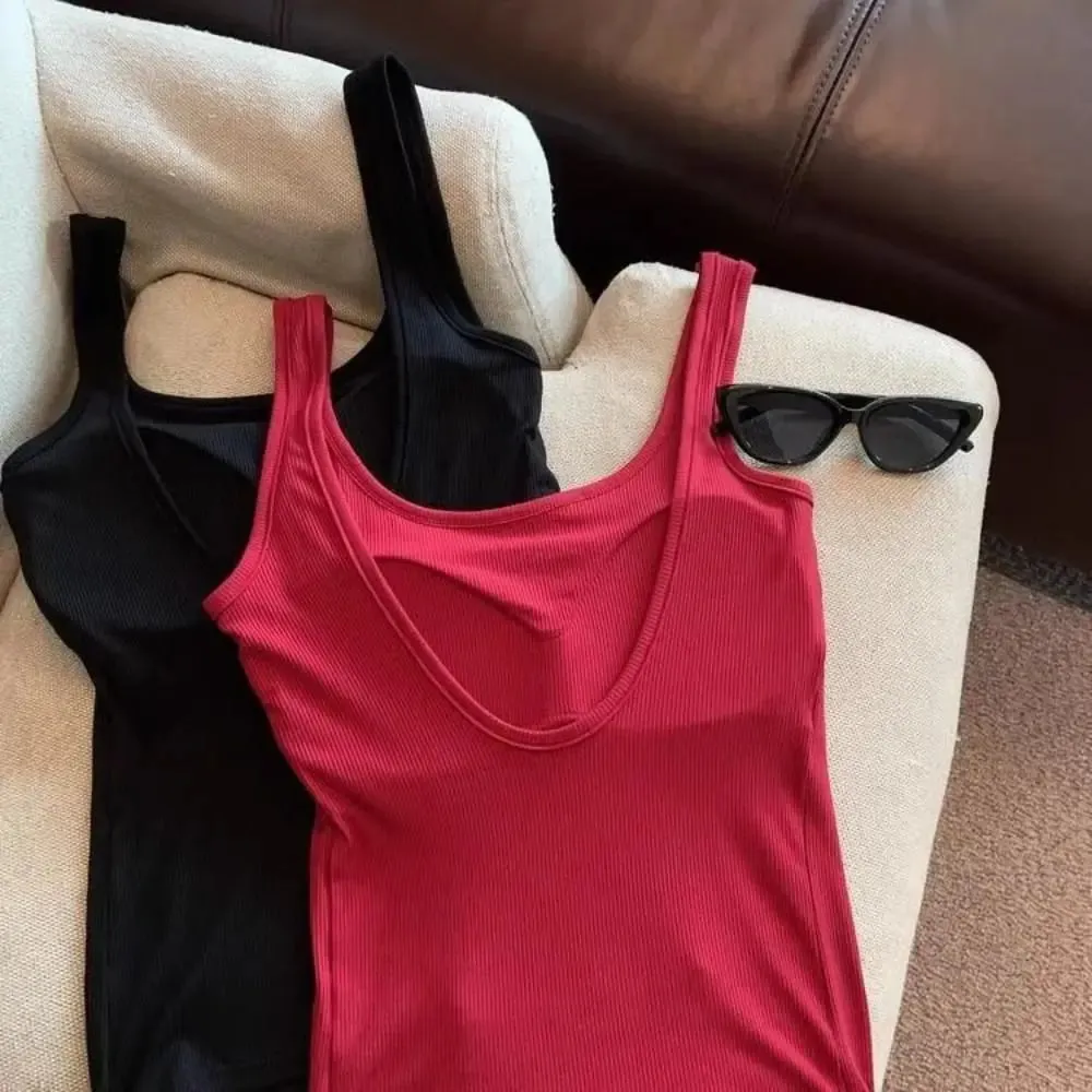 Fashion Solid Color Bodycon Top with Chest Pad Sleeveless Tank Top Clubwear Backless Vest for Women