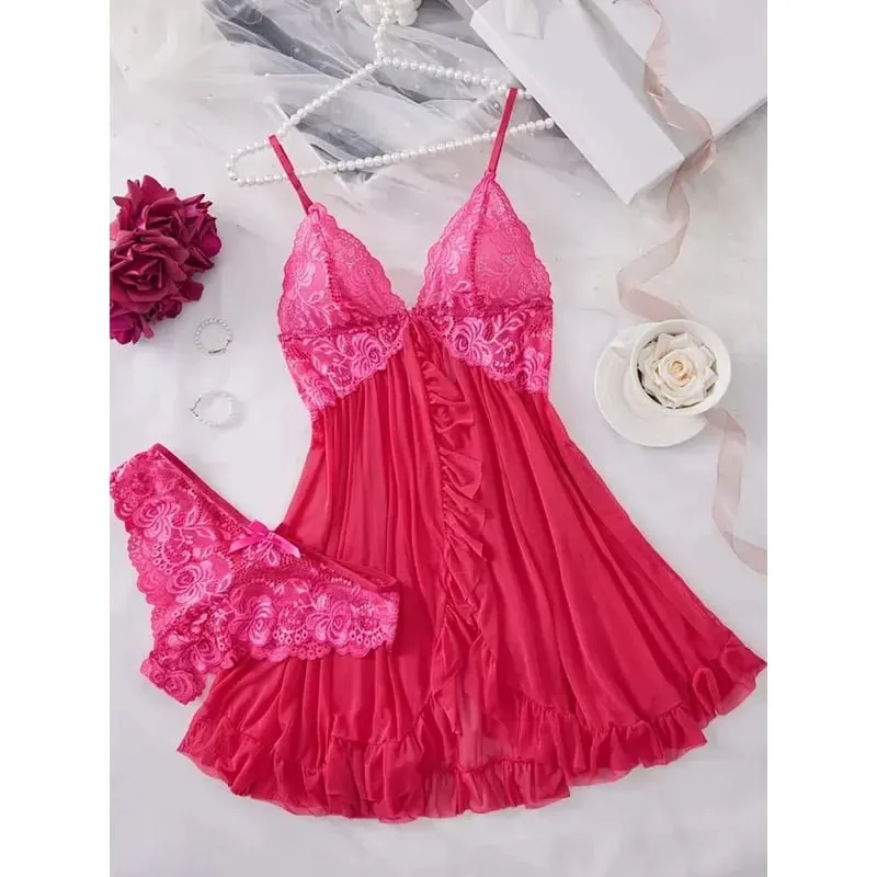 Women Lace Lingerie Set Solid Soft Slim Bra Nightdress Sexy Sleepwear For Women
