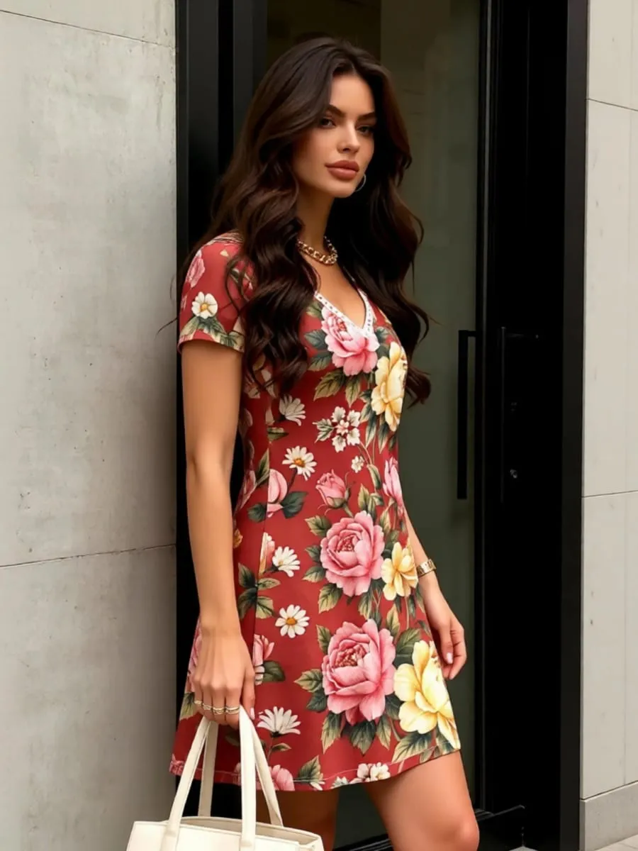 Womens V Neck Floral Print Short Sleeve Swing Dress Casual Flowy Summer Mini Dress for Everyday Wear Holidays Travel and Parties