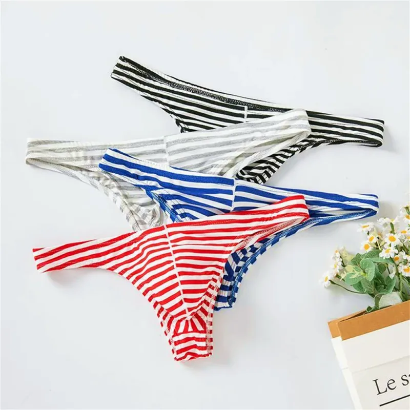 Europe Men's Striped Bikini Briefs Low Waist Sexy U Convex Underwear Male Half Covered Buttocks Tanga Panties Plus Size M-XXXL