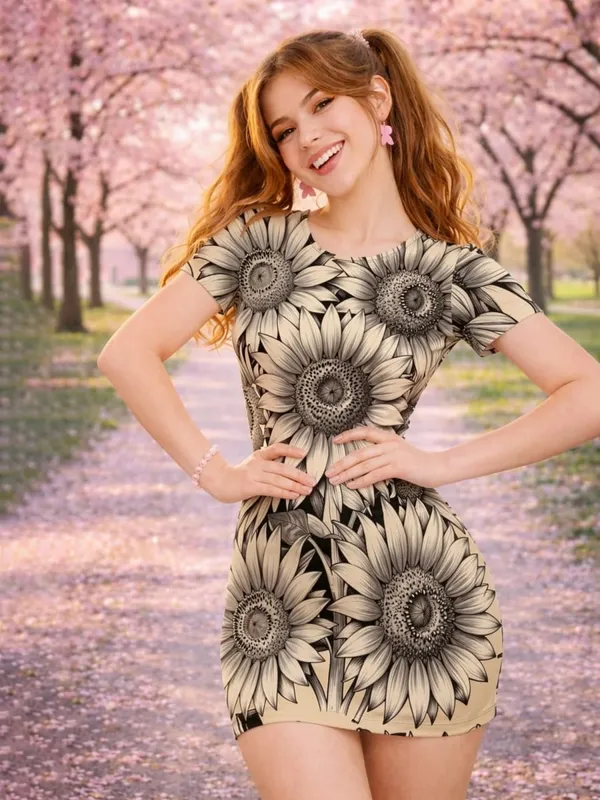 Womens Short Sleeve Bodycon Mini Dress Slim Fit Crew Neck Floral Print Casual Summer Party Weekend Lightweight Vacation Sundress