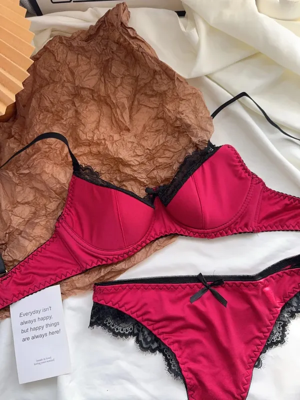 Satin Lace Lingerie Set for Women Push Up Bra & Briefs with Rabbit Ears Sensual Underwear