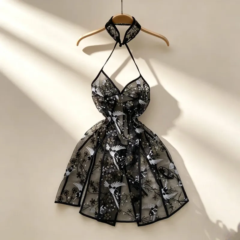 Women Sensual Lace Dress Women V-Neck Open crotch Slim Comfortable Dress Fashion Breathable Sheer Mesh Short Dress New