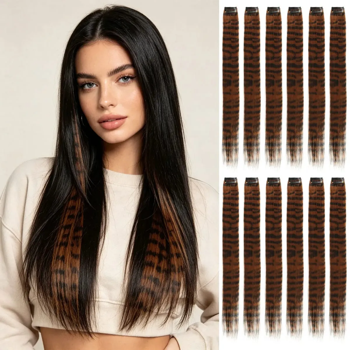 Synthetic clip in colorful striped hair Clip in feather hair extensions 18inch for women ladies daily party holiday