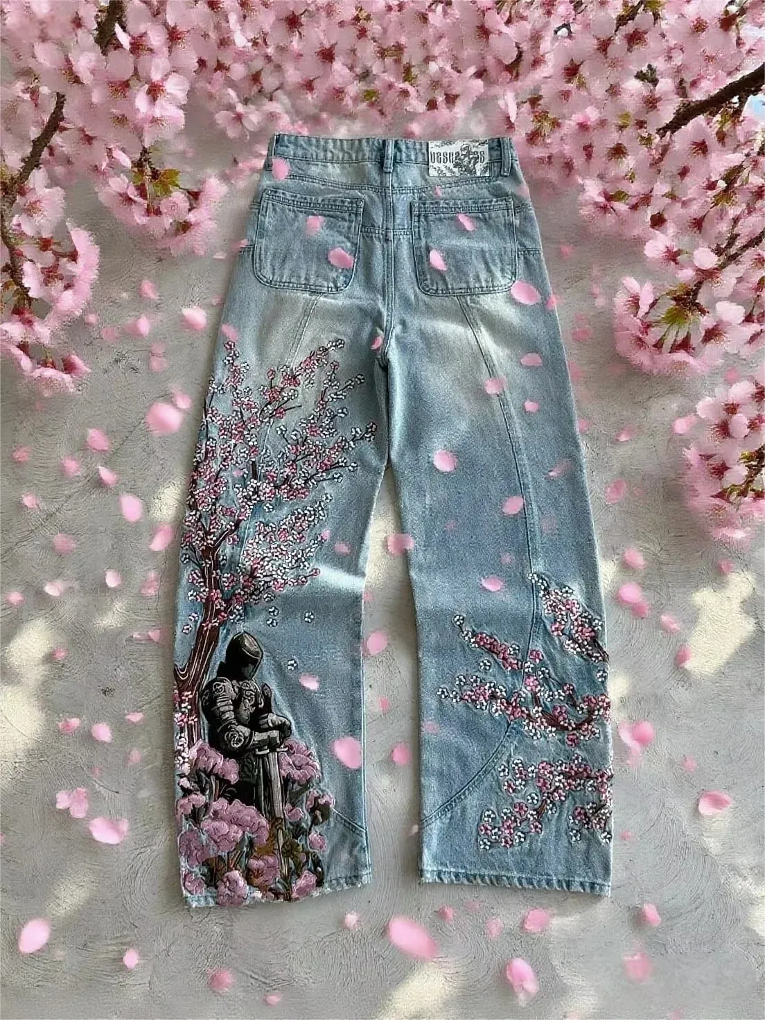 Samurai Embroidery Men Jeans Y2K Retro Harajuku Street Hip Hop High Waist Straight Pants Unisex Wide Leg Loose Denim Pants
