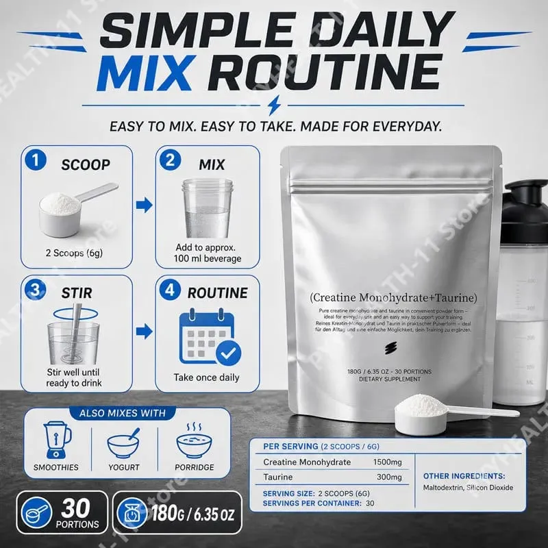 Creatine Monohydrate + Taurine Powder for Daily Sports Physical State Support Fine Quick Dissolving Mix 180g (30 Portions)