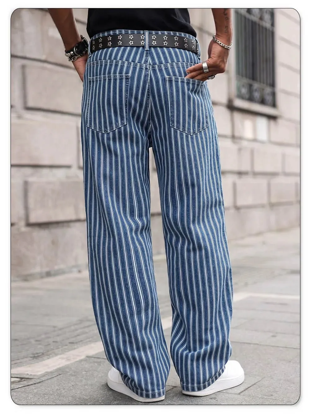 Men's Blue White Striped Jacquard Straight Leg Jeans Baggy Casual Pants Suitable for Work and Leisure Without Elasticity — image 6