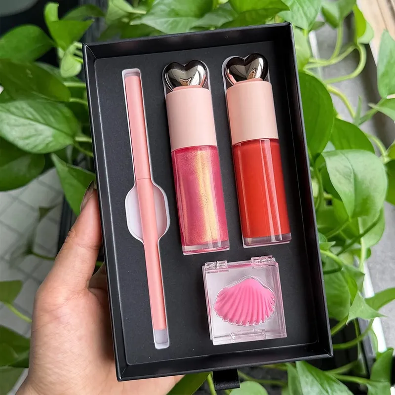 4 Buah/Kit Makeup Vegan Lip Gloss Matte Lipstik Lip Liner Masker Bibir Set Label Pribadi Logo Kustom Grosir