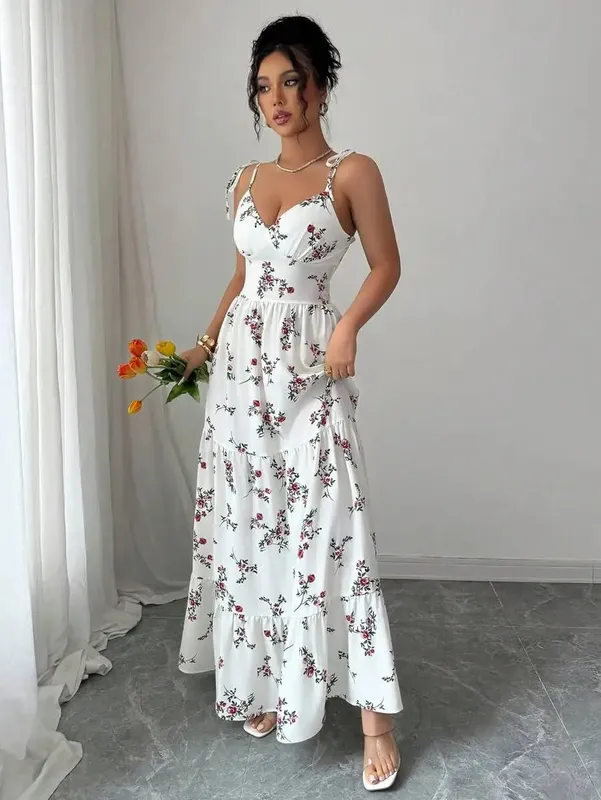 Women's Ditsy Floral Ruffle Hem Sleeveless Dress Vacation Appropriate Casual Maxi Gown for Spring/Summer