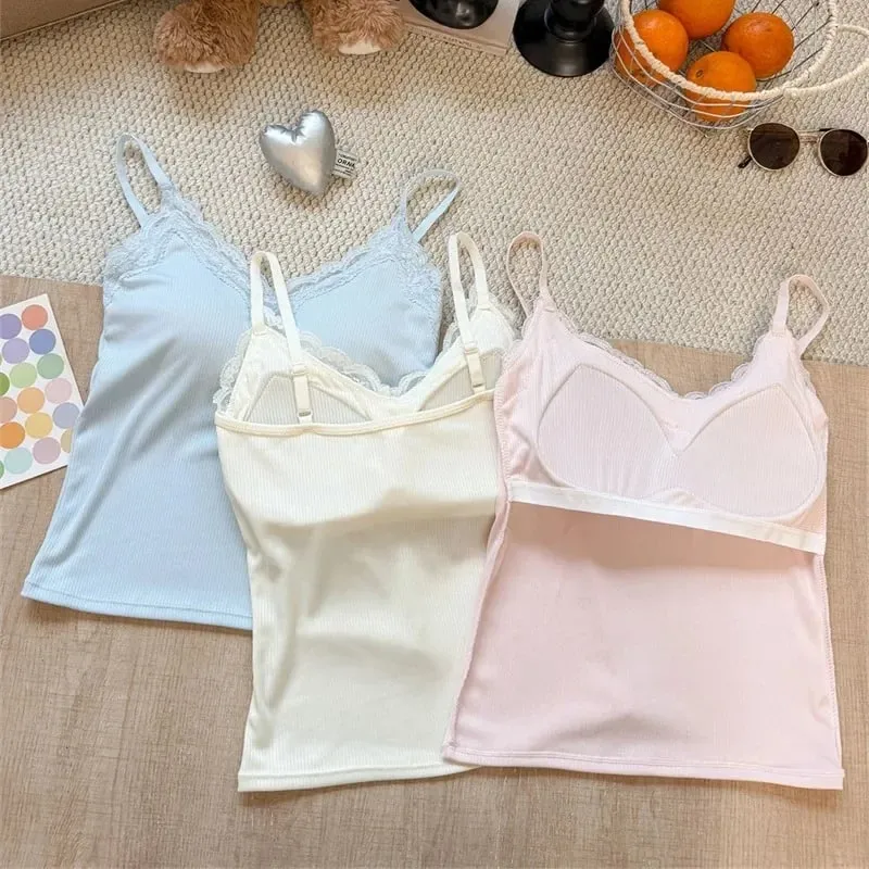 Spaghetti Strap Camis 2026 Summer Lace Ribbed Women Tank Top With Built In Bra Pads Slim Fit Crop Top For Inner & Outer Wear