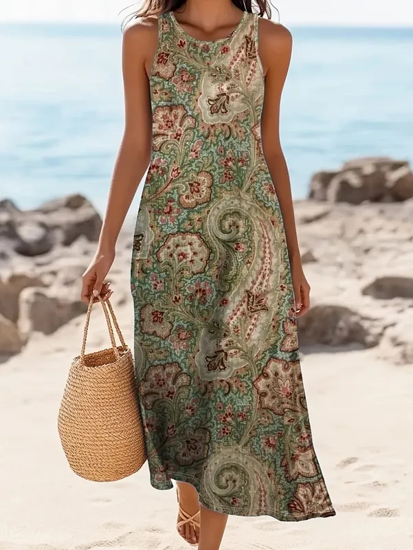 Vintage Floral Printed Women Sleeveless Sundress Summer Loose Casual Beach Long Dress Ladies Bohemia Maxi Dresses Party Vestidos