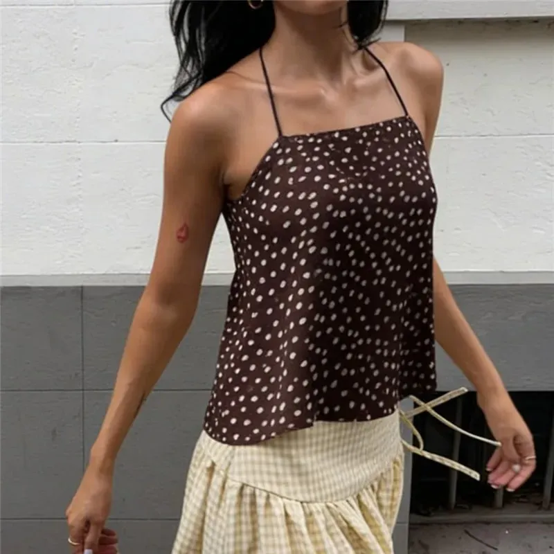 Women Polka Dot Chiffon Cami Top Spaghetti Strap Crisscross Tie Backless Asymmetric Hanky Hem Cropped Camisole Summer Tank Top