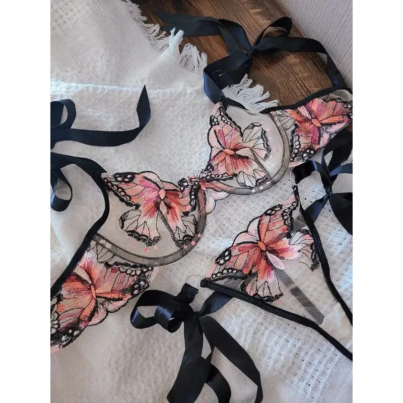 Butterfly Embroidery French Lace Bra Sheer Net Elastic Straps No Padding Romantic Womens Lingerie Set S-XL Soft Comfy