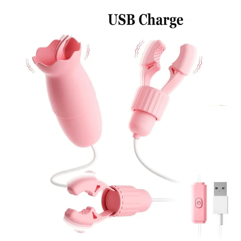 Vibrating Nipple Clamp Tongue Licking Sucking Vibrator For Women Breast Massage Labia Clitoris Clip Stimulation Massager Sex Toy