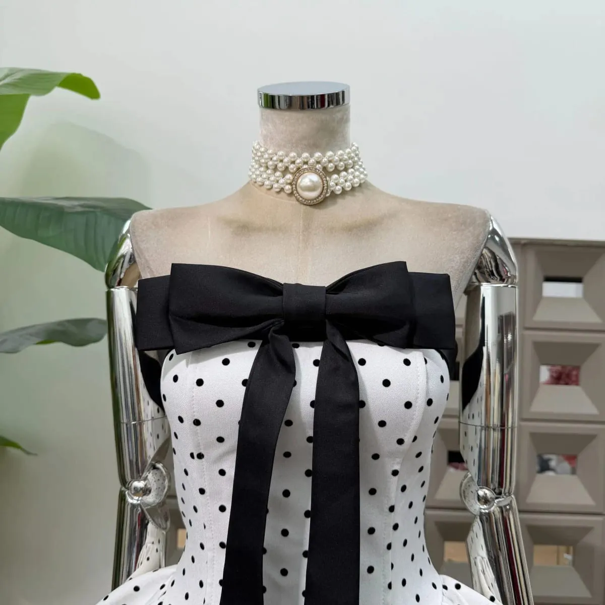 Women Sexy Strapless Backless Polka Dot Bow A Line Dress Party Birthday Evening Ball Gowns Nightclub Show Wear Fashion Vestido