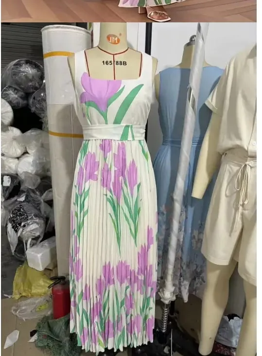 Vestidos Mujer Sexy Square Collar Pleated Dress Woman Spring Floral Print High Waist Long Dresses New Summer Sleeveless Sundress