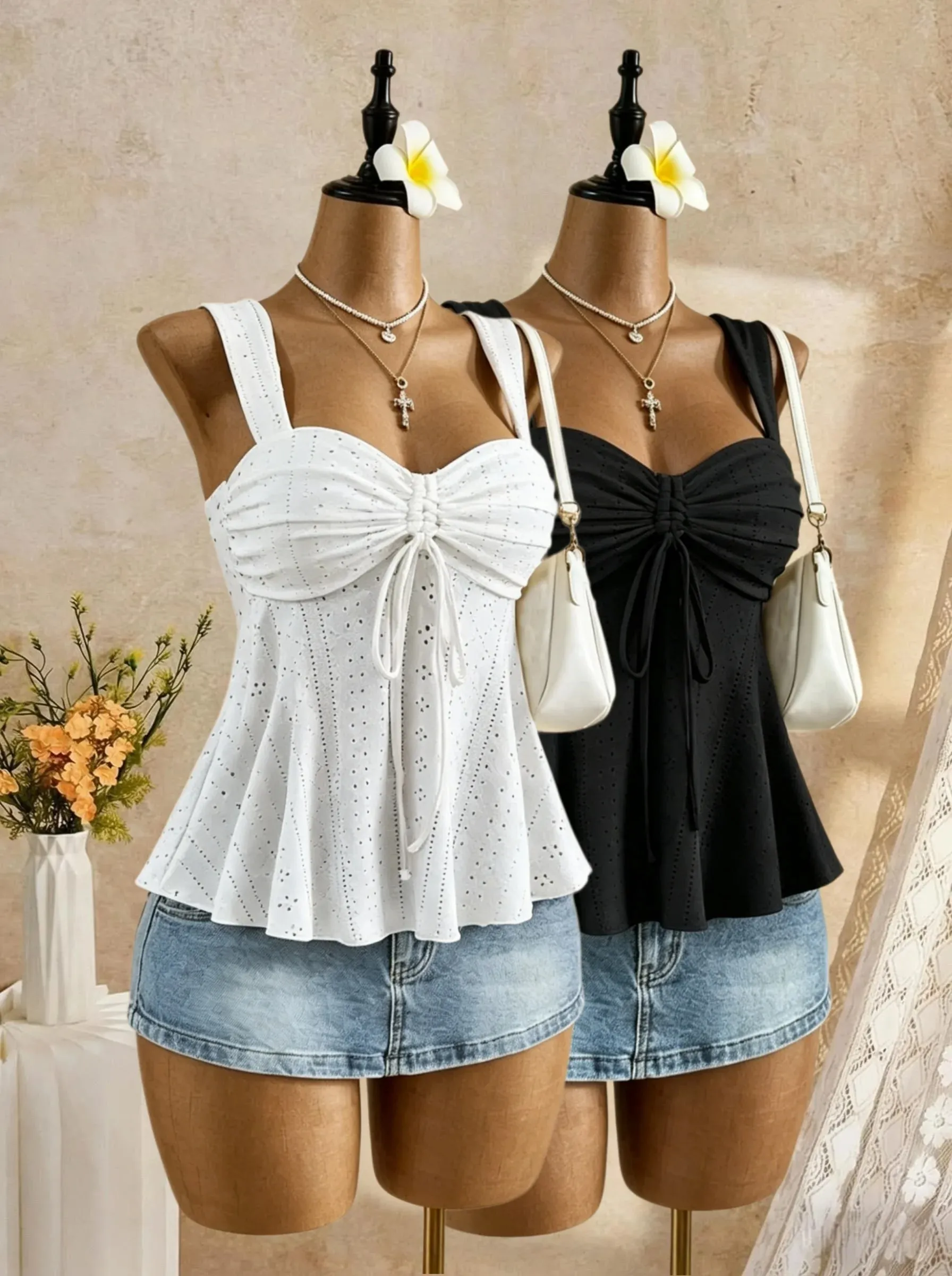 Women Sweetheart Neck Drawstring Ruched Peplum Cami Top Polka Dot Print Sleeveless Casual Camisole Outfit