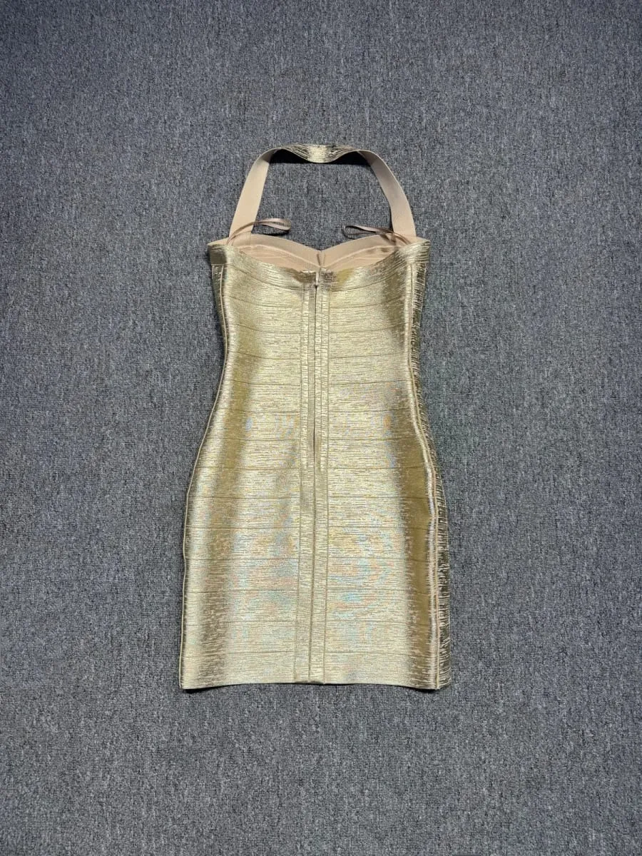 Fotos reais feminino ouro bronzeamento bandage vestido bodycon mini high street noite clube festa vestido de baile atacado dropship