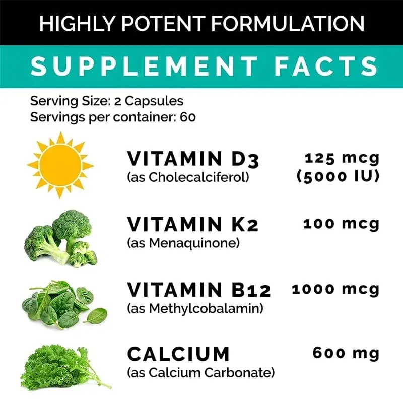 Calcium 600 Mg Vitamin D3 K2 B12 Supplement - Provides Heart Bone and Immune Support for Women and MenSupplements
