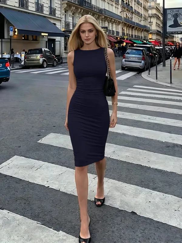 Dulzura Women'S Solid O-Neck Sleeveless Ruched Midi Dress Elegant Casual Slim Fit Dress Birthday Party Club Street Autumn Outfit