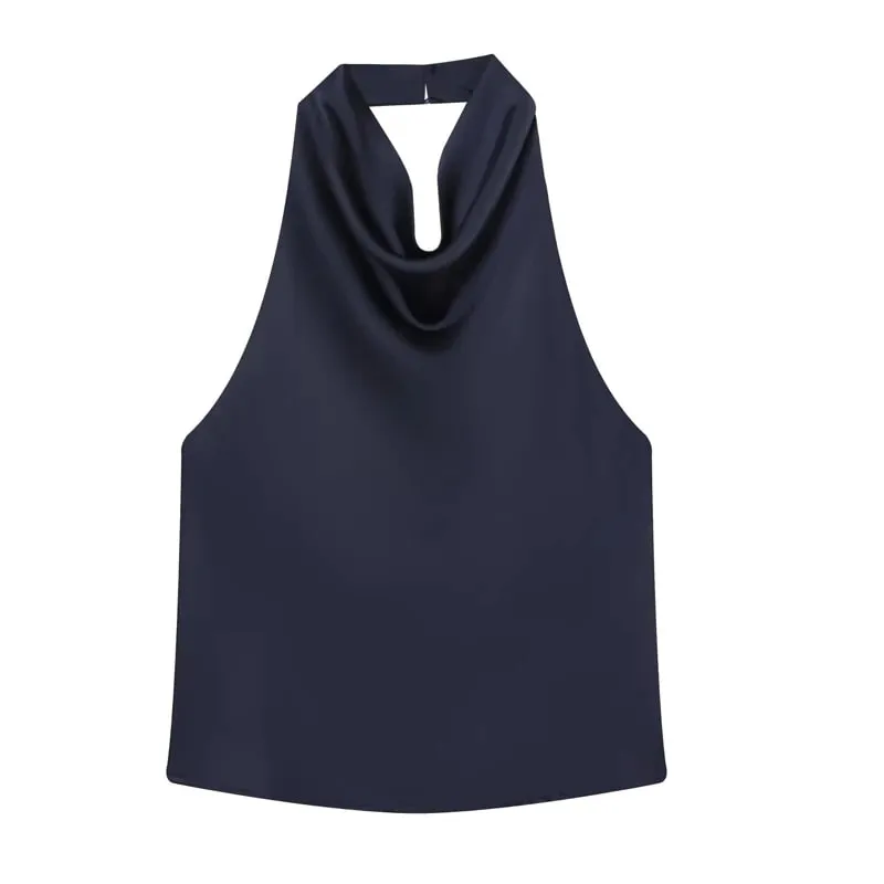 Women's Tanks Halter Top Women Sleeveless Green Crop Tops Summer Satin Party Evening Top Backless Sexy White Black Top