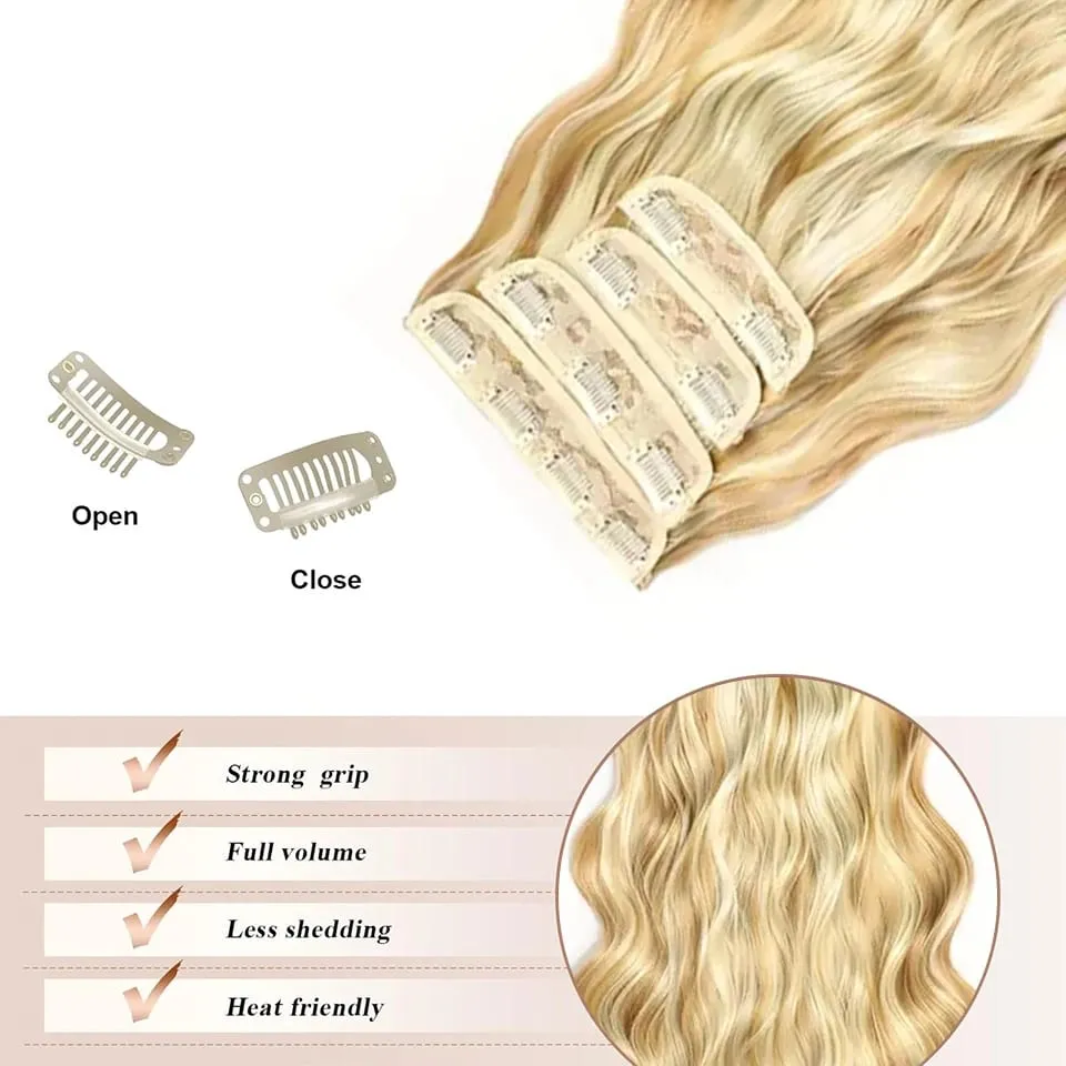 4 PCS Water Wave Clip In Hair Extensions Ombre Blonde Synthetic Natural Hairpieces For Women Lightweight All Day Wear